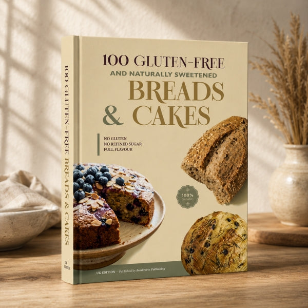 The printed gluten-free cookbook open on a kitchen counter